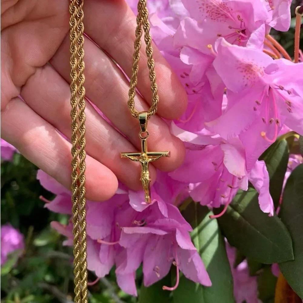 22” 18K Gold Plated Crucifix Cross Pendant Necklace Rope Chain Unisex Religious